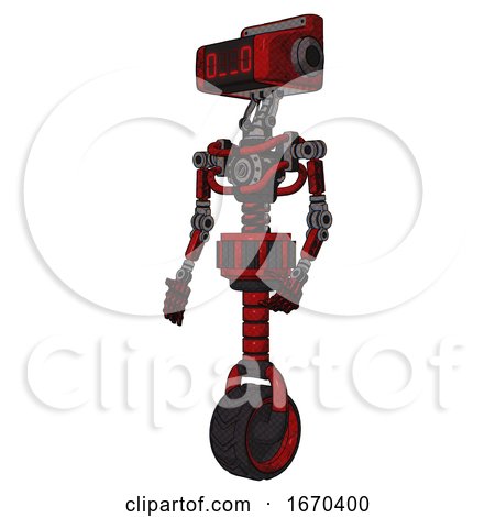 Bot Containing Dual Retro Camera Head and Clock Radio Head and Light Chest Exoshielding and No Chest Plating and Unicycle Wheel. Red Blood Grunge Material. Facing Right View. by Leo Blanchette