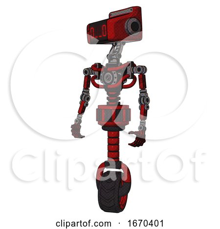 Bot Containing Dual Retro Camera Head and Clock Radio Head and Light Chest Exoshielding and No Chest Plating and Unicycle Wheel. Red Blood Grunge Material. Standing Looking Right Restful Pose. by Leo Blanchette