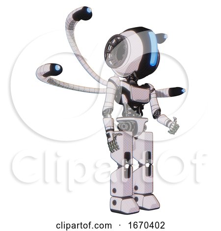 Bot Containing Round Head and Large Vertical Visor and Light Chest Exoshielding and Ultralight Chest Exosuit and Blue-eye Cam Cable Tentacles and Prototype Exoplate Legs. White Halftone Toon. by Leo Blanchette