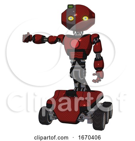 Android Containing Oval Wide Head and Yellow Eyes and Green Led Ornament and Light Chest Exoshielding and Red Chest Button and Six-wheeler Base. Matted Red. Arm out Holding Invisible Object.. by Leo Blanchette