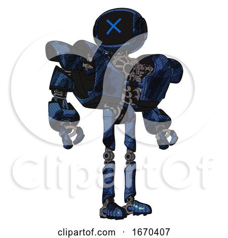 Robot Containing Digital Display Head and X Face and Heavy Upper Chest and Heavy Mech Chest and Ultralight Foot Exosuit. Grunge Dark Blue. Hero Pose. by Leo Blanchette