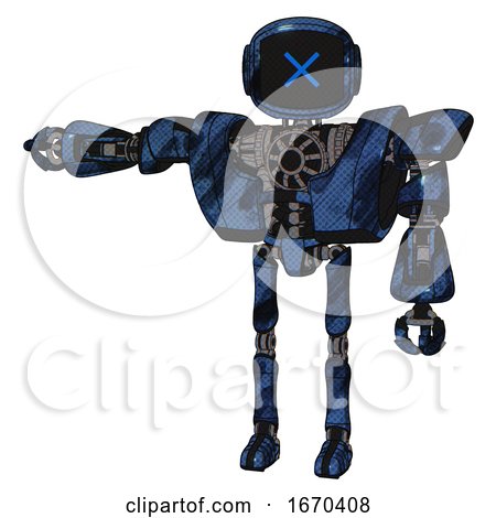Robot Containing Digital Display Head and X Face and Heavy Upper Chest and Heavy Mech Chest and Ultralight Foot Exosuit. Grunge Dark Blue. Arm out Holding Invisible Object.. by Leo Blanchette