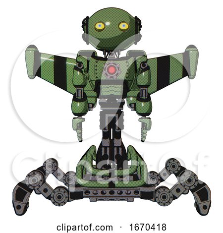 Robot Containing Oval Wide Head and Yellow Eyes and Light Chest Exoshielding and Red Energy Core and Stellar Jet Wing Rocket Pack and Insect Walker Legs. Grass Green. Front View. by Leo Blanchette