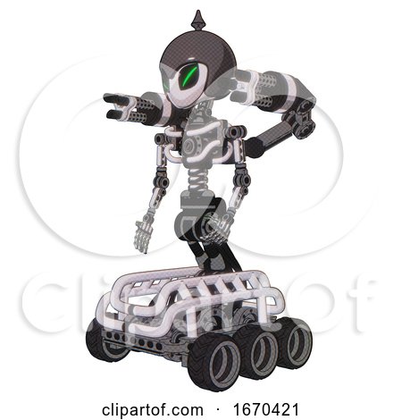Cyborg Containing Grey Alien Style Head and Green Demon Eyes and Gray Helmet and Light Chest Exoshielding and Minigun Back Assembly and No Chest Plating and Six-wheeler Base. White Halftone Toon. by Leo Blanchette