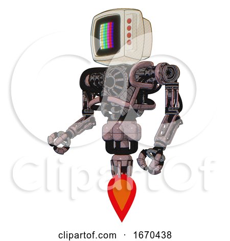 Droid Containing Old Computer Monitor and Please Stand by Pixel Design and Red Buttons and Heavy Upper Chest and No Chest Plating and Jet Propulsion. Grayish Pink. Facing Right View. by Leo Blanchette
