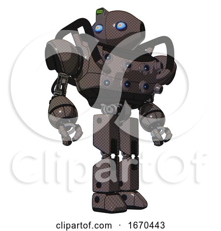 Robot Containing Oval Wide Head and Blue Eyes and Green Led Ornament and Heavy Upper Chest and Chest Energy Sockets and Prototype Exoplate Legs. Light Brown. Hero Pose. by Leo Blanchette