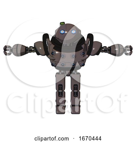 Robot Containing Oval Wide Head and Blue Eyes and Green Led Ornament and Heavy Upper Chest and Chest Energy Sockets and Prototype Exoplate Legs. Light Brown. T-pose. by Leo Blanchette