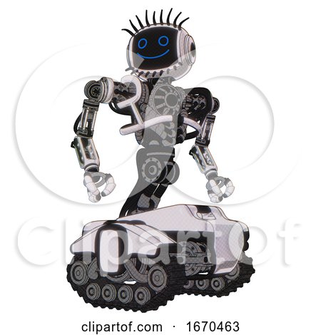 Automaton Containing Digital Display Head and Happy Face and Eye Lashes Deco and Heavy Upper Chest and No Chest Plating and Tank Tracks. White Halftone Toon. Hero Pose. by Leo Blanchette
