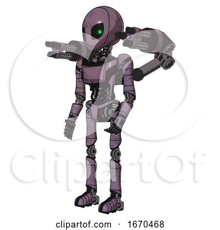 Bot Containing Grey Alien Style Head and Green Inset Eyes and Light Chest Exoshielding and Ultralight Chest Exosuit and Minigun Back Assembly and Ultralight Foot Exosuit. Lilac Metal. by Leo Blanchette