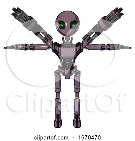 Bot Containing Grey Alien Style Head and Green Inset Eyes and Light Chest Exoshielding and Ultralight Chest Exosuit and Minigun Back Assembly and Ultralight Foot Exosuit. Lilac Metal. T-pose. by Leo Blanchette