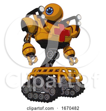 Android Containing Dual Retro Camera Head and Happy 3 Eyes Round Head and Heavy Upper Chest and First Aid Chest Symbol and Shoulder Headlights and Tank Tracks. Primary Yellow Halftone. Hero Pose. by Leo Blanchette