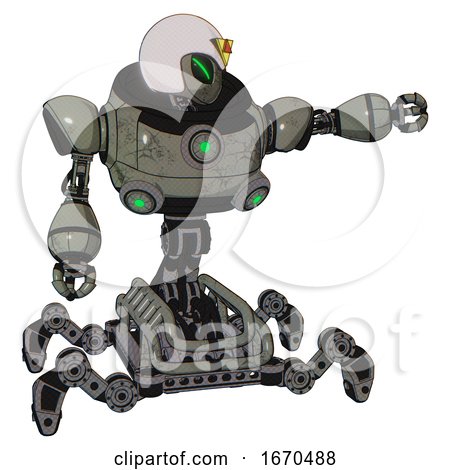 Robot Containing Grey Alien Style Head and Green Demon Eyes and Triangle Design and Helmet and Heavy Upper Chest and Chest Green Energy Cores and Insect Walker Legs. Concrete Grey Metal. by Leo Blanchette