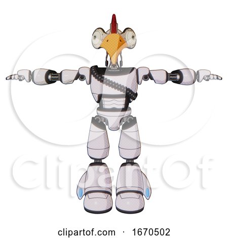 Droid Containing Bird Skull Head and Bone Skull Eye Holes and Chicken Design and Light Chest Exoshielding and Rubber Chain Sash and Light Leg Exoshielding. White Halftone Toon. T-pose. by Leo Blanchette