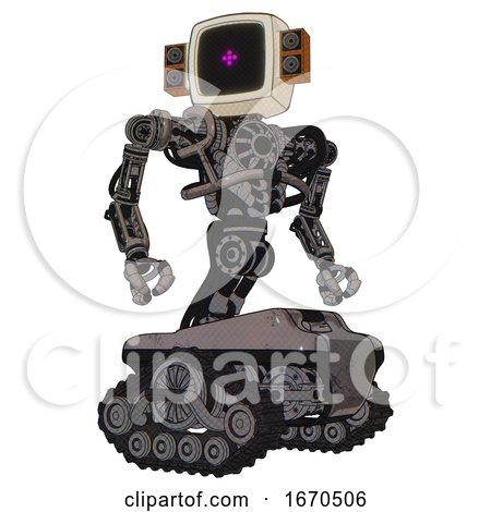 Robot Containing Old Computer Monitor and Magenta Symbol Display and Old Retro Speakers and Heavy Upper Chest and No Chest Plating and Tank Tracks. Light Pink Beige. Hero Pose. by Leo Blanchette