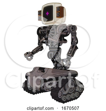 Robot Containing Old Computer Monitor and Magenta Symbol Display and Old Retro Speakers and Heavy Upper Chest and No Chest Plating and Tank Tracks. Light Pink Beige. Facing Right View. by Leo Blanchette