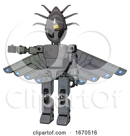 Droid Containing Grey Alien Style Head and Black Eyes and Eyeball Creature Crown and Light Chest Exoshielding and Prototype Exoplate Chest and Cherub Wings Design and Prototype Exoplate Legs. by Leo Blanchette