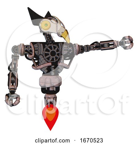Robot Containing Bird Skull Head and Brass Steampunk Eyes and Robobeak Design and Heavy Upper Chest and No Chest Plating and Jet Propulsion. Powder Pink Metal. Pointing Left or Pushing a Button.. by Leo Blanchette