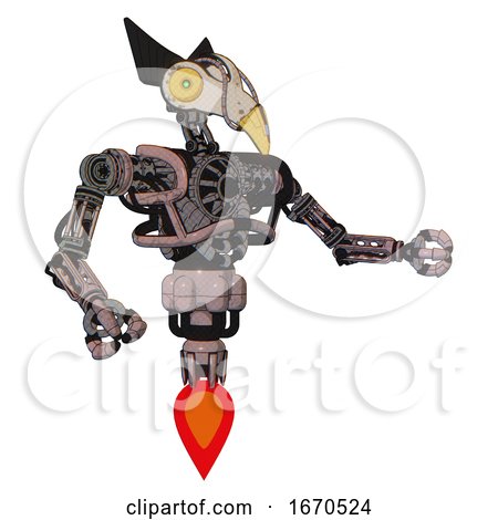 Robot Containing Bird Skull Head and Brass Steampunk Eyes and Robobeak Design and Heavy Upper Chest and No Chest Plating and Jet Propulsion. Powder Pink Metal. Interacting. by Leo Blanchette