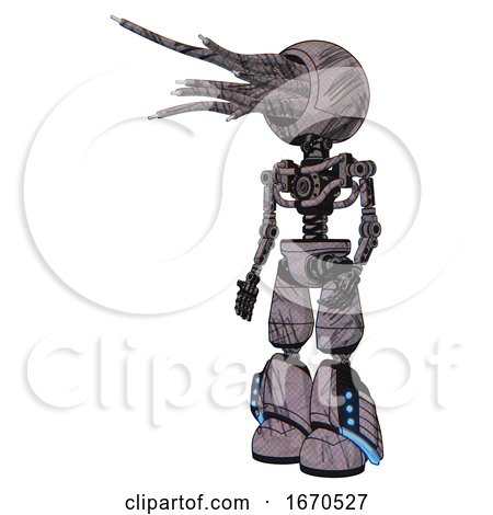 Bot Containing Jellyfish Style Head Fiber Optic Tentacles and Light Chest Exoshielding and No Chest Plating and Light Leg Exoshielding and Megneto-hovers Foot Mod. Dark Sketchy. Facing Right View. by Leo Blanchette