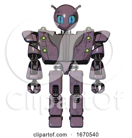 Bot Containing Grey Alien Style Head and Blue Grate Eyes and Bug Antennas and Heavy Upper Chest and Heavy Mech Chest and Green Cable Sockets Array and Prototype Exoplate Legs. Lilac Metal. Front View. by Leo Blanchette