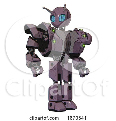 Bot Containing Grey Alien Style Head and Blue Grate Eyes and Bug Antennas and Heavy Upper Chest and Heavy Mech Chest and Green Cable Sockets Array and Prototype Exoplate Legs. Lilac Metal. Hero Pose. by Leo Blanchette