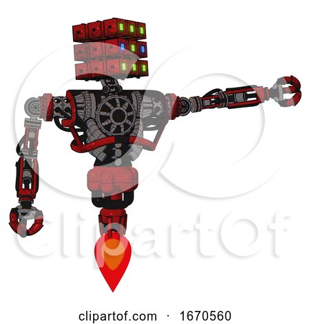 Automaton Containing Dual Retro Camera Head and Cube Array Head and Heavy Upper Chest and No Chest Plating and Jet Propulsion. Red Blood Grunge Material. Pointing Left or Pushing a Button.. by Leo Blanchette