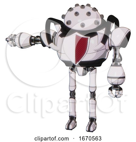 Android Containing Plughead Dome Design and Heavy Upper Chest and Red Shield Defense Design and Ultralight Foot Exosuit. White Halftone Toon. Arm out Holding Invisible Object.. by Leo Blanchette