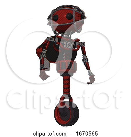 Droid Containing Oval Wide Head and Beady Black Eyes and Barbed Wire Cage Helmet and Light Chest Exoshielding and Rocket Pack and No Chest Plating and Unicycle Wheel. Matted Red. Hero Pose. by Leo Blanchette