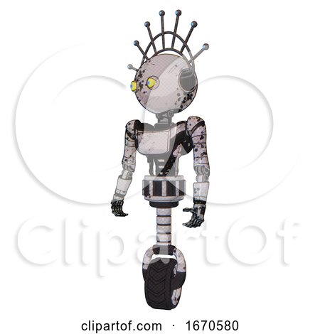 Automaton Containing Oval Wide Head and Yellow Eyes and Techno Halo Ornament and Light Chest Exoshielding and Ultralight Chest Exosuit and Unicycle Wheel. Grunge Sketch Dots. by Leo Blanchette