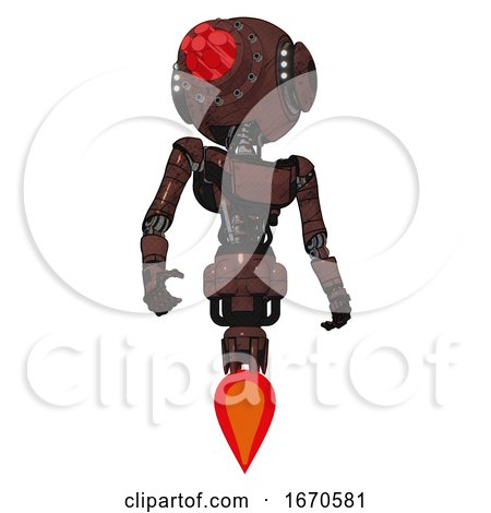 Bot Containing Round Head and Red Laser Crystal Array and Head Light Gadgets and Light Chest Exoshielding and Ultralight Chest Exosuit and Jet Propulsion. Steampunk Copper. Hero Pose. by Leo Blanchette
