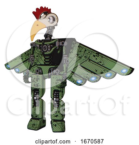 Robot Containing Bird Skull Head and White Eyeballs and Chicken Design and Light Chest Exoshielding and Cherub Wings Design and No Chest Plating and Prototype Exoplate Legs. Grunge Grass Green. by Leo Blanchette