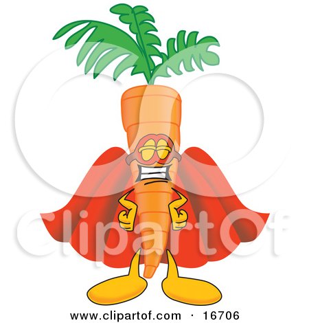 Clipart Picture of an Orange Carrot Mascot Cartoon Character in a Super Hero Uniform With a Mask and Cape by Mascot Junction