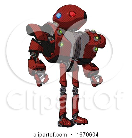 Droid Containing Oval Wide Head and Giant Blue and Red Led Eyes and Heavy Upper Chest and Heavy Mech Chest and Green Cable Sockets Array and Ultralight Foot Exosuit. Cherry Tomato Red. Hero Pose. by Leo Blanchette