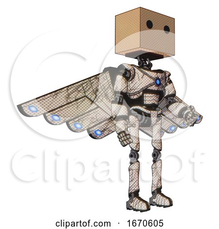 Bot Containing Dual Retro Camera Head and Cardboard Box Head and Light Chest Exoshielding and Blue Energy Core and Cherub Wings Design and Ultralight Foot Exosuit. Halftone Sketch. Facing Left View. by Leo Blanchette
