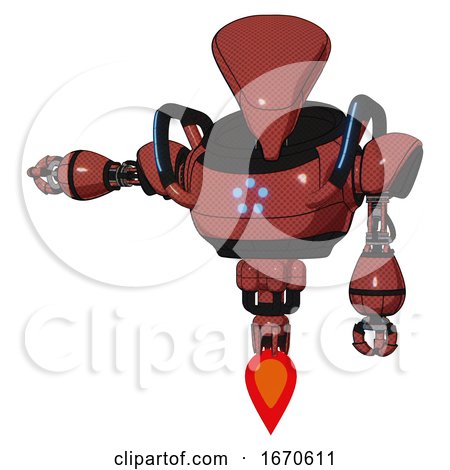 Mech Containing Flat Elongated Skull Head and Heavy Upper Chest and Circle of Blue Leds and Blue Strip Lights and Jet Propulsion. Light Brick Red. Arm out Holding Invisible Object.. by Leo Blanchette