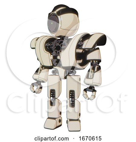 Android Containing Green Dot Eye Corn Row Plastic Hair and Heavy Upper Chest and Heavy Mech Chest and Prototype Exoplate Legs. off White Toon. Standing Looking Right Restful Pose. by Leo Blanchette