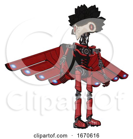 Cyborg Containing Bird Skull Head and Red Line Eyes and Crow Feather Design and Light Chest Exoshielding and Cherub Wings Design and No Chest Plating and Ultralight Foot Exosuit. Primary Red Halftone. by Leo Blanchette