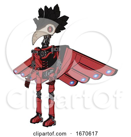 Cyborg Containing Bird Skull Head and Red Line Eyes and Crow Feather Design and Light Chest Exoshielding and Cherub Wings Design and No Chest Plating and Ultralight Foot Exosuit. Primary Red Halftone. by Leo Blanchette