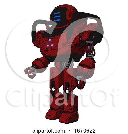 Android Containing Digital Display Head and Three Horizontal Line Design and Heavy Upper Chest and Triangle of Blue Leds and Prototype Exoplate Legs. Grunge Dots Dark Red. Facing Right View. by Leo Blanchette