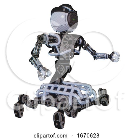 Automaton Containing Green Dot Eye Corn Row Plastic Hair and Heavy Upper Chest and No Chest Plating and Insect Walker Legs. Blue Tint Toon. Interacting. by Leo Blanchette