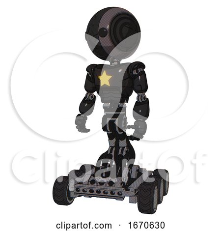Robot Containing Round Head and Maru Eyes and Light Chest Exoshielding and Yellow Star and Six-wheeler Base. Toon Black Scribbles Sketch. Standing Looking Right Restful Pose. by Leo Blanchette