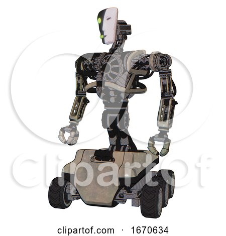 Mech Containing Humanoid Face Mask and Two-face Black White Mask and Heavy Upper Chest and No Chest Plating and Six-wheeler Base. Grungy Fiberglass. Standing Looking Right Restful Pose. by Leo Blanchette