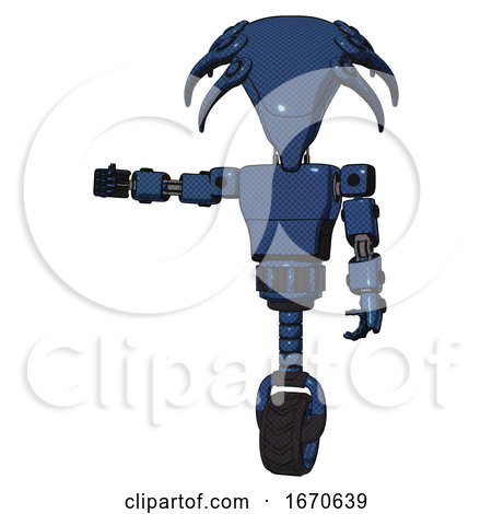 Robot Containing Flat Elongated Skull Head and Light Chest Exoshielding and Prototype Exoplate Chest and Unicycle Wheel. Dark Blue Halftone. Arm out Holding Invisible Object.. by Leo Blanchette