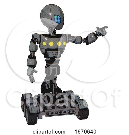 Robot Containing Grey Alien Style Head and Blue Grate Eyes and Light Chest Exoshielding and Yellow Chest Lights and Six-wheeler Base. Patent Concrete Gray Metal. Pointing Left or Pushing a Button.. by Leo Blanchette