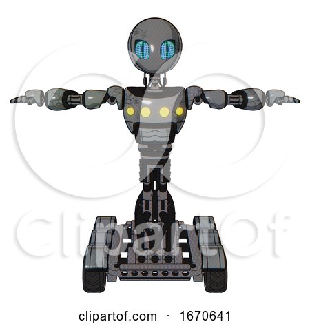 Robot Containing Grey Alien Style Head and Blue Grate Eyes and Light Chest Exoshielding and Yellow Chest Lights and Six-wheeler Base. Patent Concrete Gray Metal. T-pose. by Leo Blanchette