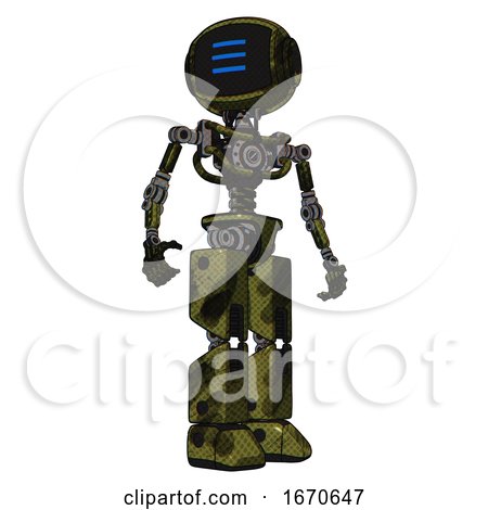 Bot Containing Digital Display Head and Three Horizontal Line Design and Light Chest Exoshielding and No Chest Plating and Prototype Exoplate Legs. Grunge Army Green. Hero Pose. by Leo Blanchette