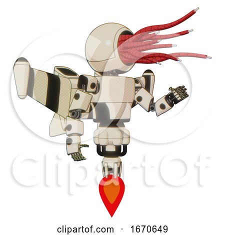Automaton Containing Bright Red Jellyfish Tentacles Fiber Optic Design and Light Chest Exoshielding and Prototype Exoplate Chest and Stellar Jet Wing Rocket Pack and Jet Propulsion. off White Toon. by Leo Blanchette