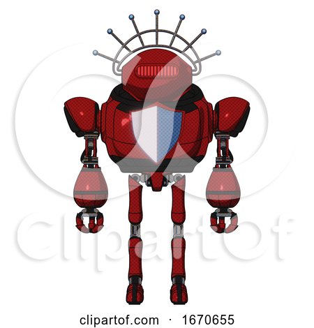Robot Containing Oval Wide Head and Red Horizontal Visor and Techno Halo Ornament and Heavy Upper Chest and Blue Shield Defense Design and Ultralight Foot Exosuit. Dark Red. Front View. by Leo Blanchette