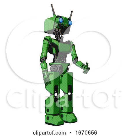 Droid Containing Dual Retro Camera Head and Cyborg Antenna Head and Light Chest Exoshielding and Ultralight Chest Exosuit and Prototype Exoplate Legs. Secondary Green Halftone. Facing Left View. by Leo Blanchette