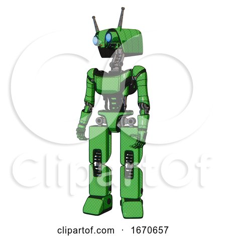 Droid Containing Dual Retro Camera Head and Cyborg Antenna Head and Light Chest Exoshielding and Ultralight Chest Exosuit and Prototype Exoplate Legs. Secondary Green Halftone. by Leo Blanchette